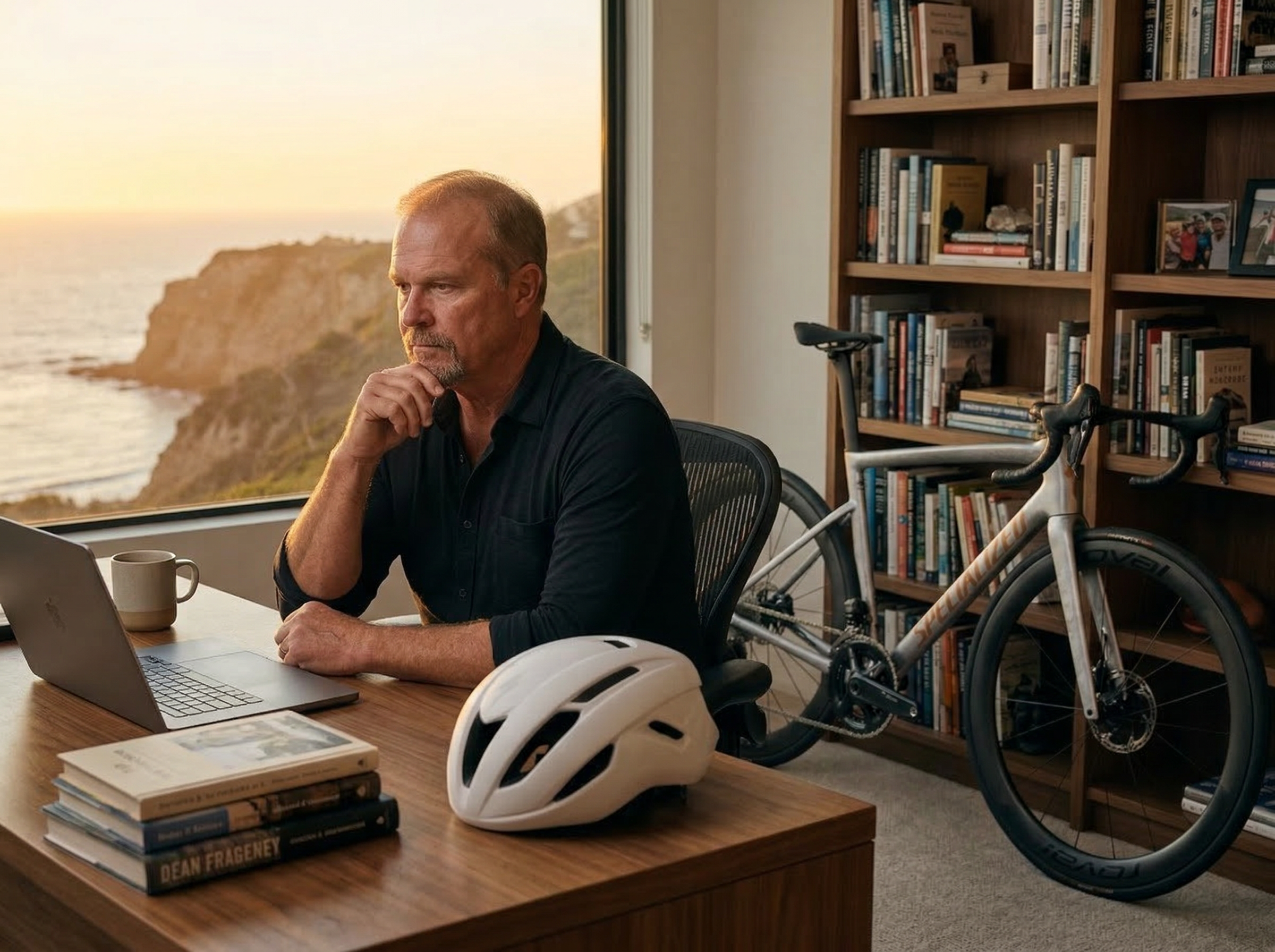 Person working at a desk overlooking the California coast