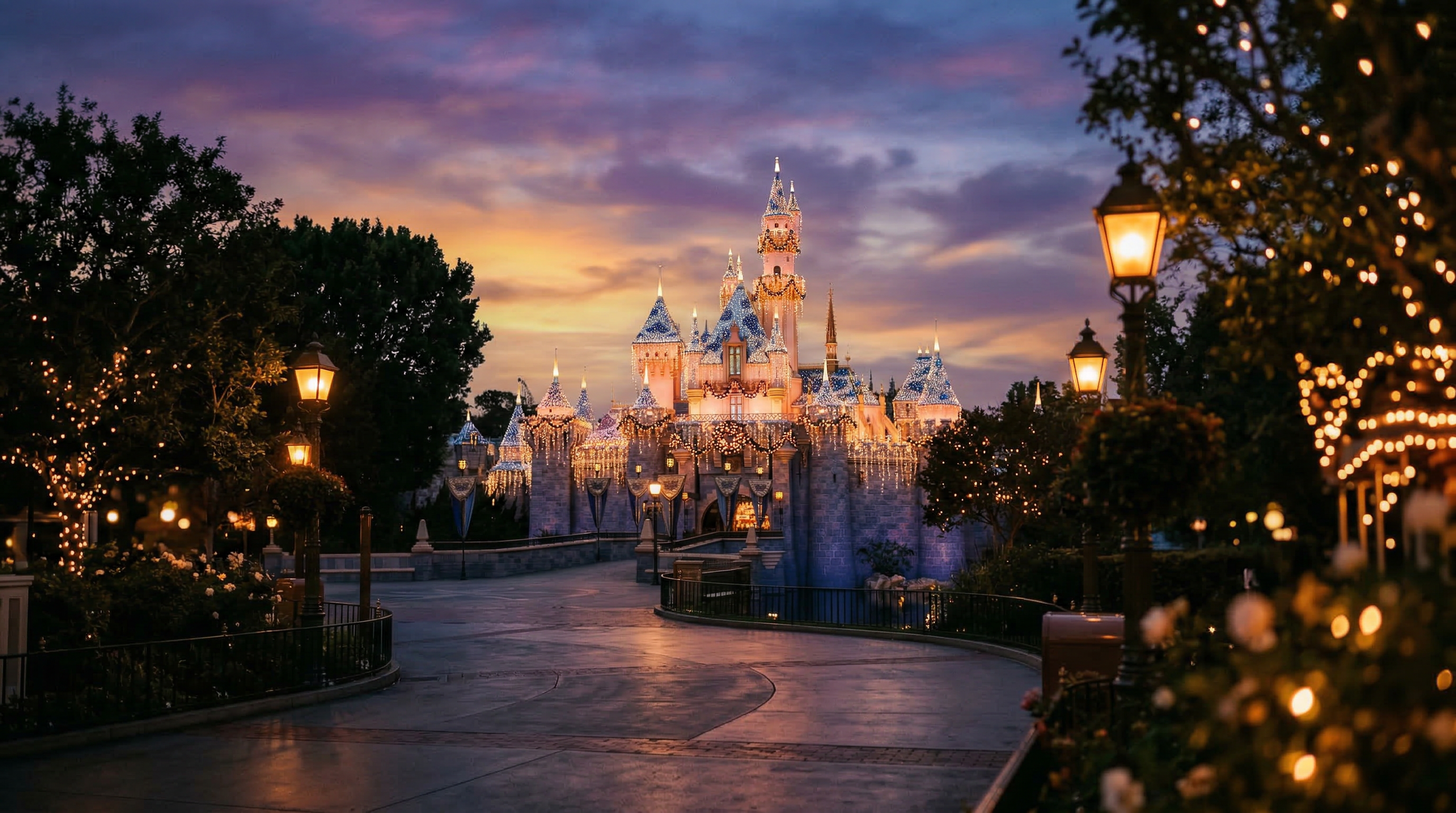 Disneyland castle at twilight with magical lighting
